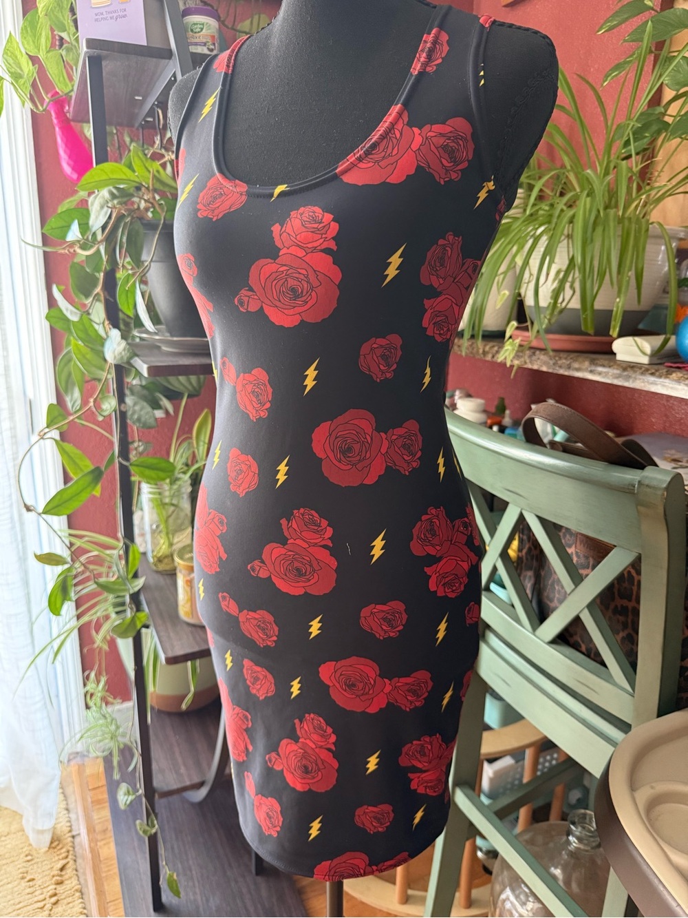 Black Midi Dress with Red Rose & Yellow Lightning Print